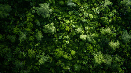 Aerial view of a dense forest floor, with vivid moss and twigs, providing ample copy space, devoid of text, logos, brand names, or letters, ultra high resolution, cinematic ambiance