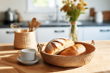 Basket of bread and cup of coffee sit on wooden table. Basket is woven and filled with two loaves of bread - Powered by Adobe