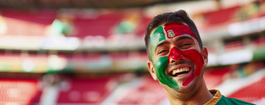 Happy Portuguese male supporter with face painted in Portuguese flag, Portuguese male fan at a sports event such as football or rugby match, blurry stadium background, copy space