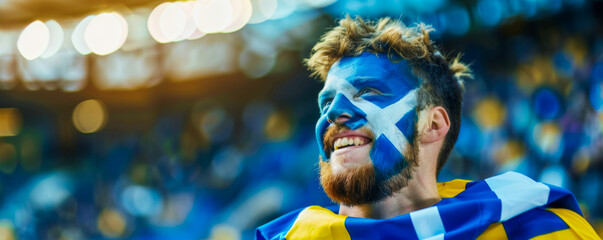 Happy Scottish male supporter with face painted in scotland flag which consists of a white saltire defacing a blue field, Scottish male fan at a sports event such as football or rugby match - obrazy, fototapety, plakaty