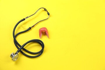 Endocrinology. Stethoscope and model of thyroid gland on yellow background, above view. Space for...
