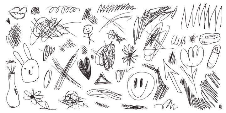 Chalk scribble doodle elements set for poster, social media. Crayon handwritten doodles. Rough hand drawn marker sketch with brush grunge texture. Vector illustration of kids or teens pencil drawing.