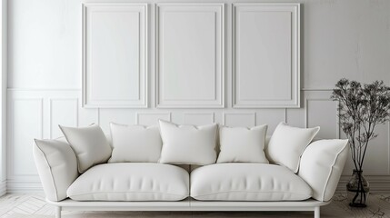 High quality wall art frame mockup. Modern white style. Home living room interior design.3d rendering
