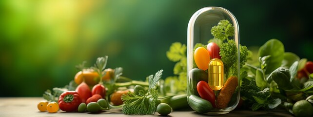 Fruits and greens inside a pill. Food supplement concept as a pill or medicine capsule with fresh...
