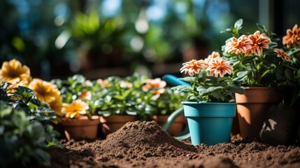 Spring garden scene with flowers, plants and gardening tools