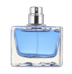 Blue men perfume in glass bottle isolated on white