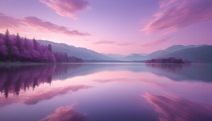 Imagine a picturesque scene of a tranquil lake reflecting a mesmerizing blend of pastel pink and...