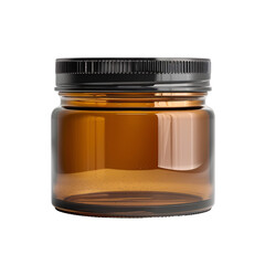4 oz amber color jar with black threaded lid on an isolated background
