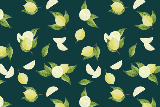 Fondo patrón de limones pintados a mano con acuarelas sobre fondo verde oscuro/ verde pato real fresco y veraniego.