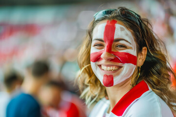 Happy English woman supporter with face painted in English flag consists of a white field with a red cross, English fan at a sports event such as football or rugby match - obrazy, fototapety, plakaty