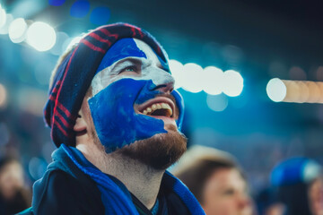 Happy Scottish male supporter with face painted in scotland flag which consists of a white saltire defacing a blue field, Scottish male fan at a sports event such as football or rugby match