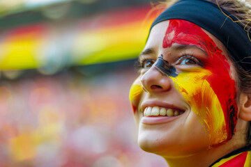 Happy German woman supporter with face painted in German flag german flag colors, black, red and gold, German fan at a sports event such as football or rugby match, blurry stadium background - Powered by Adobe