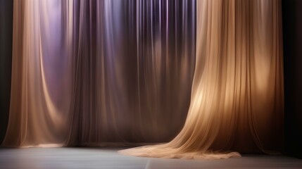 A visually stunning image portrays a mesmerizing wall adorned with an array of iridescent organic natural beige and dark brown tulle curtain on a stage.
