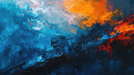 The oil painting abstract picture of the primary colour and secondary colour that is blue and orange in order mixing each other yet it uncompleted and split like they are fighting each other. AIGX01. - obrazy, fototapety, plakaty