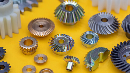 Various Size and Shape Sprocket Wheels Metal Spare Parts - obrazy, fototapety, plakaty