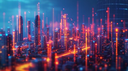 Fototapeta premium Glowing data points and bar graphs form a cityscape