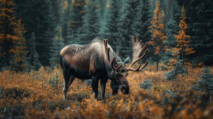 Impressive moose grazes in dense Canadian forest