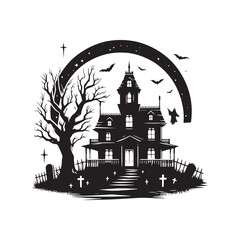 Obraz premium Vector Haunted House Silhouettes Conjuring Spooky Atmosphere and Halloween Charm. Haunted house black illustration.
