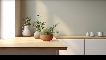 Fototapeta na wymiar Minimalistic design of small kitchen, green plants on tabletop.