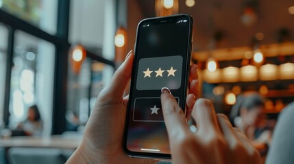 Smartphone displays customer satisfaction survey - obrazy, fototapety, plakaty