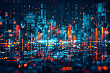 The intersection of technology and finance paints a futuristic cityscape, where data and architecture coalesce in a digital ballet of growth and innovation