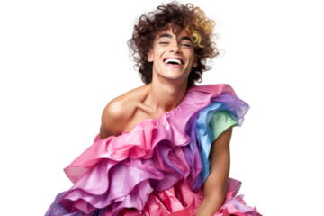 Portrait shot of Young joyful Gay man with colorful lgbt dress isolated on transparent background, Gay transgender smile and posing with trendy lifestyle.