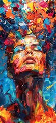 Creativity concept, woman's head blowing up with colorful splashes of paint