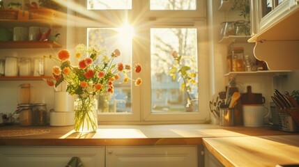 Vase of fresh flowers on a kitchen counter with sunlight streaming through the window. Home interior concept with a warm and cozy atmosphere. Spring morning light in a rustic kitchen