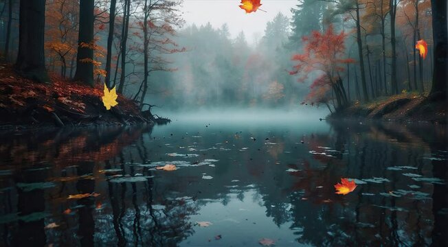 Immerse yourself in the serene ambiance of a lake bathed in the soft light of an autumn morning, with colorful foliage reflecting in the calm waters, depicted in captivating 4K video footage.