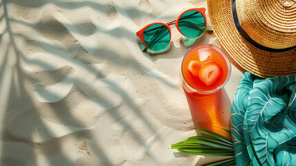 Sunny Beach Accessories and Refreshing Cocktail on Sandy Shore with Palm Shadow, Summer Vacation and Relaxation Concept