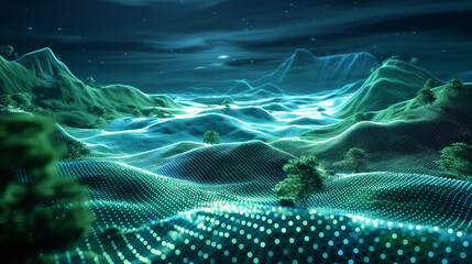 Abstract Futuristic digital landscape with wireframe mesh