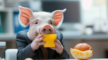 Humorous portrayal of a pig in business attire dining at a table in a charming scene - obrazy, fototapety, plakaty