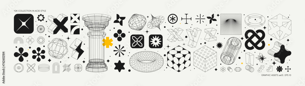 Poster Vector graphic assets set in acid style, retro futuristic background with wireframe elements of different forms, bold modern shapes for design template, poster, clothes, stickers in Y2k style set 3