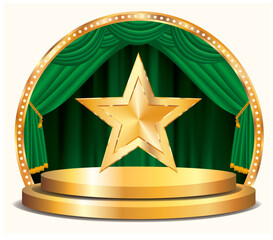 vector star on circle stage with green curtain - 762602129