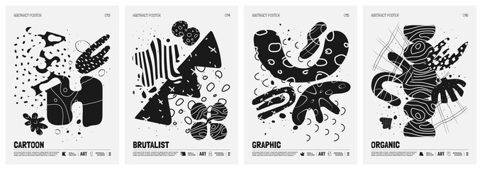 Black and White vector minimalistic Posters with bizarre abstract geometric unusual shapes and forms with textures in matisse style, Hand drawn modern wall art with aesthetic naive figures, set 4