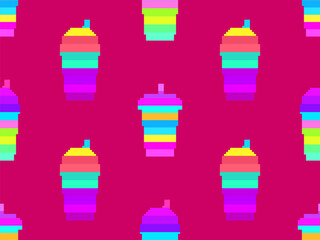 Seamless pattern with plastic or paper cups with straws in pixel art style. Pixel paper glasses for carbonated drinks. 8-bit smoothie glass with straw in retro video game style. Vector illustration