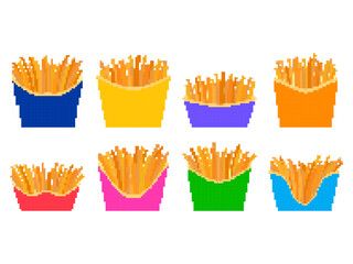 Pixel French fries icon set isolated on white background. Fast food, fried potatoes in pixel art style. Design of banners, posters and promotional products. Vector illustration
