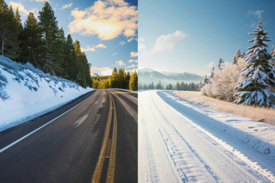 Showcasing changing seasons in a single road image captures the transition from snowy winter to blossoming spring, symbolizing nature's dynamic transformation.