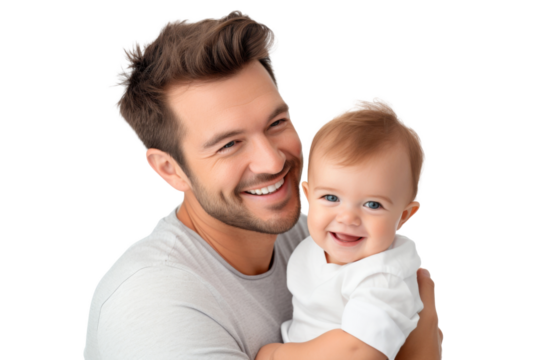 Portrait of Father holding baby with his arms isolated on transparent png background, Dad and baby moment, cute and adorable little infant.