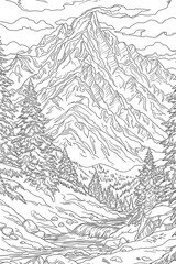 valley nature scene coloring page with intricate outline lines only