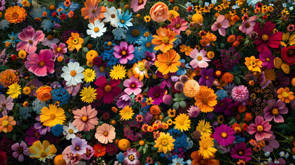 Bird's-eye perspective of a carpet of colorful wildflowers, blank areas for copy, strictly no textual content, logos, brand names, or alphabetic characters, 16k clarity, film-like depth - obrazy, fototapety, plakaty