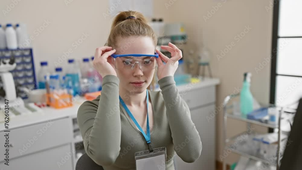 Canvas Prints a young caucasian woman putting on safety glasses in a laboratory setting.