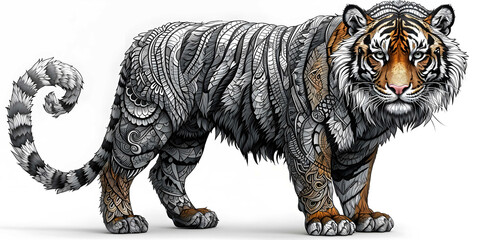 Realistic image of a tiger integrated with robotic components, exhibiting technological modifications against a plain white backdrop Generative AI