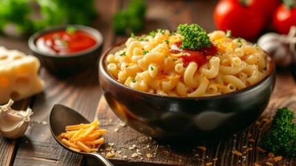 Macaroni and cheese with tomato sauce and parsley on wooden table - obrazy, fototapety, plakaty
