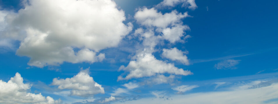 Blue sky and light cumulus cloud. Wide photo.
