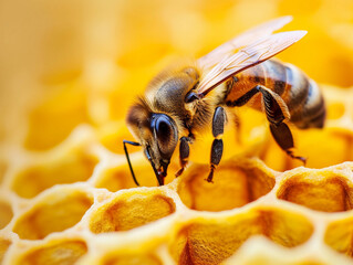Macro Shot of a Bee on Honeycomb - obrazy, fototapety, plakaty
