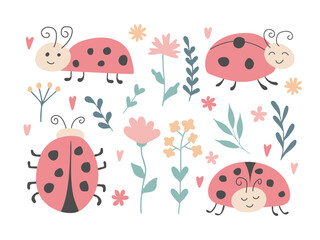 Ladybug and flowers plant collection. Flat design abstract funny characters and floral elements isolated on white. Wild life illustration. Cartoon children's kids summer natural set for design