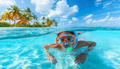 Elderly person snorkeling with a diving mask in the ocean at a secluded tropical island