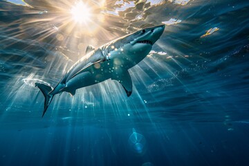huge shark swims underwater photography