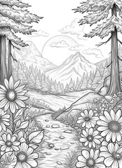 coloring pages of mountains and trees with a river in the foreground